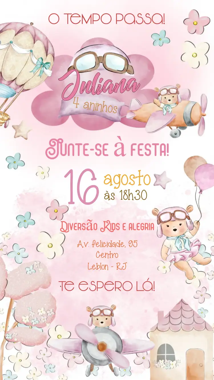Convite O Tempo Voa Rosa – tema Chá de Fraldas aviação infantil, ursinhas, aquarela