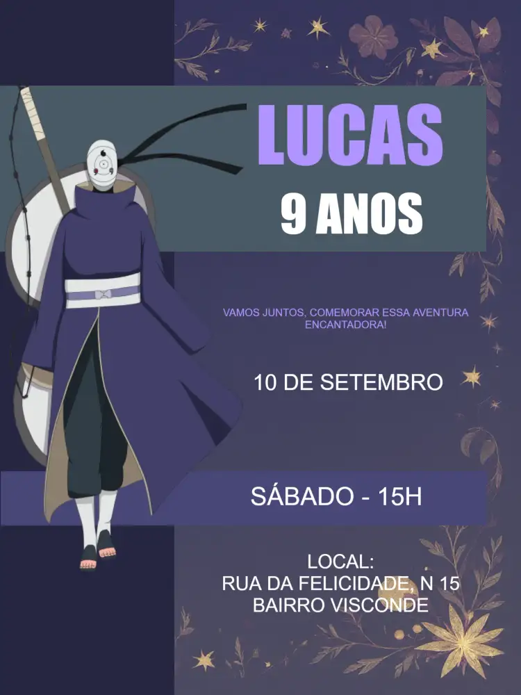 Convite Obito Uzumaki – tema Aniversário Infantil anime, moderno, roxo, cinza escuro, temático, divertido