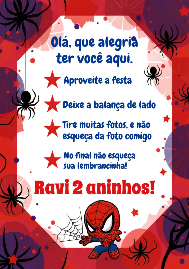 Convite Obrigado Pela Presença Homem Aranha – tema Datas Comemorativas temática super-herói, cores vibrantes, estilo divertido, elementos gráficos modernos, design colorido