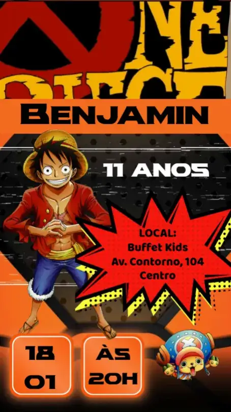 Convite One Piece – tema Aniversário Infantil colorido, temático, aventura, divertido, ilustrações animadas