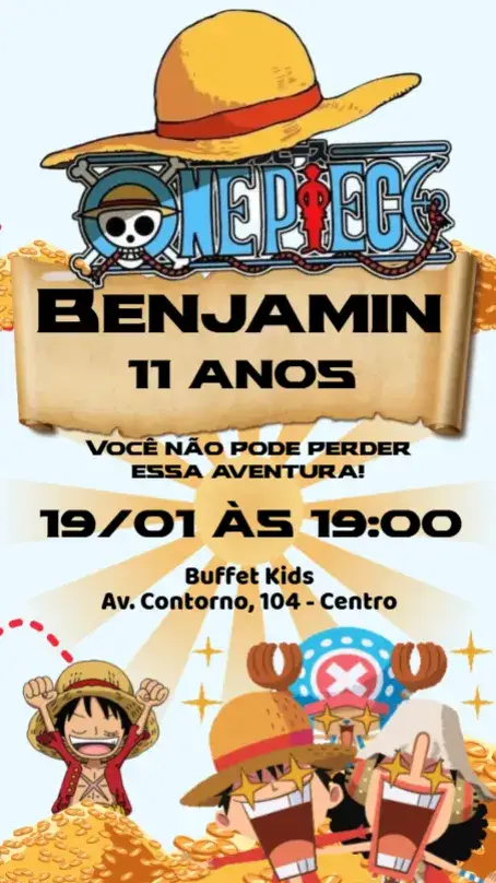 Convite One Piece – tema Aniversário Infantil colorido, divertido, aventura, anime, tropical