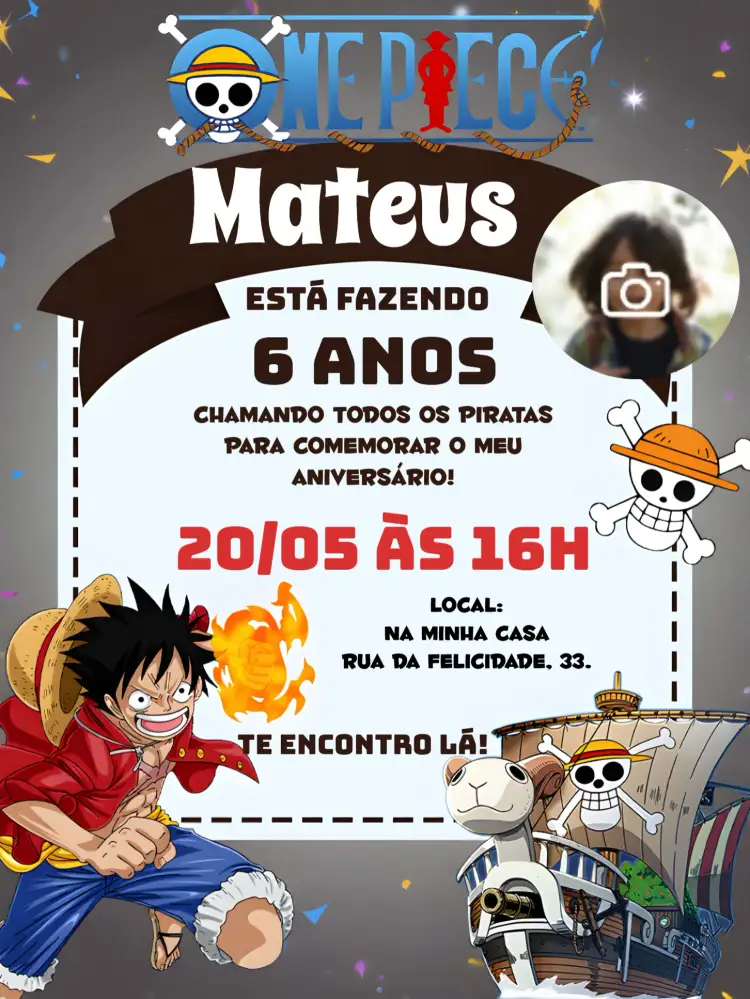 Convite One Piece Luffy Com Foto Monkey – tema Mais pesquisados pirata, anime, colorido, divertido, jovial, aventura