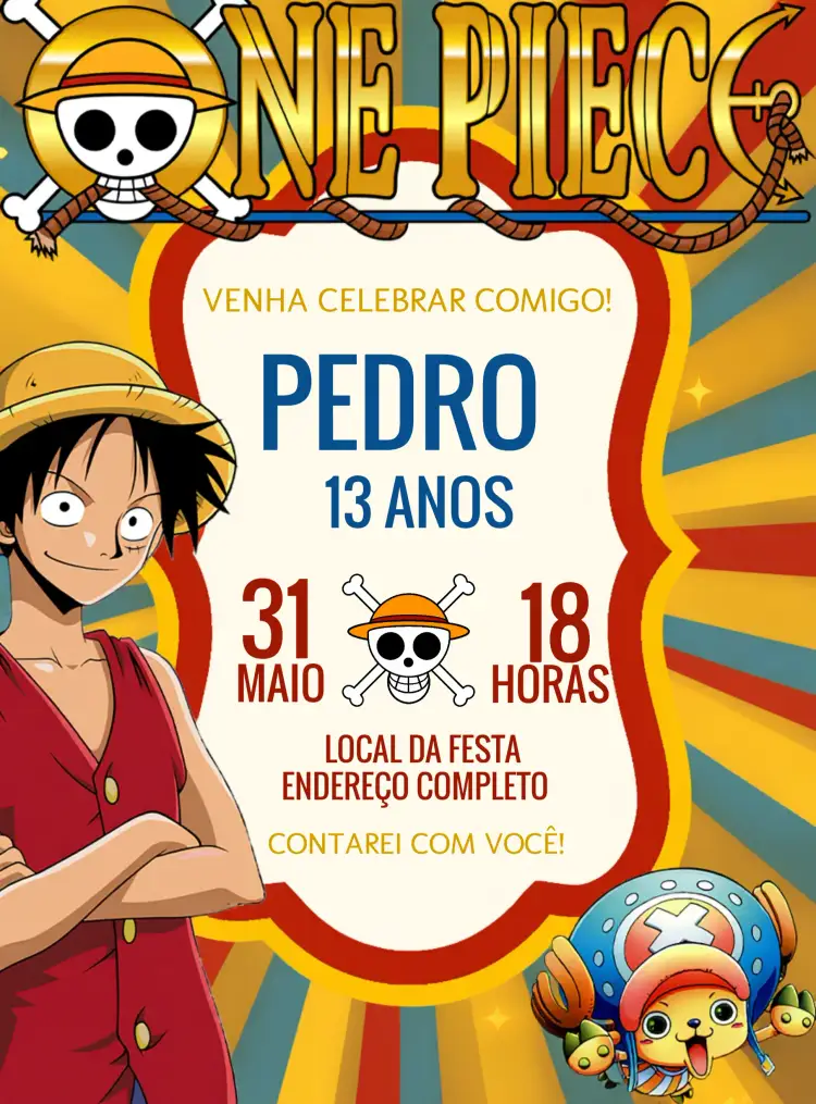 Convite One Piece Pirata – tema Mais pesquisados colorido, aventura, pirata, marítimo, anime, jovial