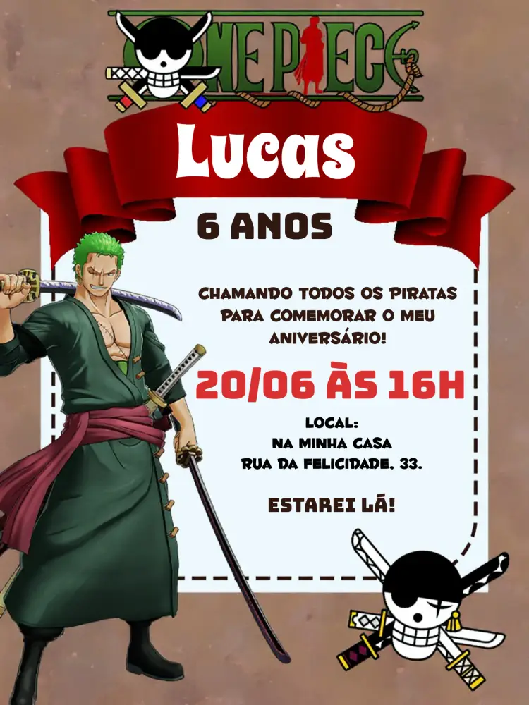Convite One Piece Zoro Desenho