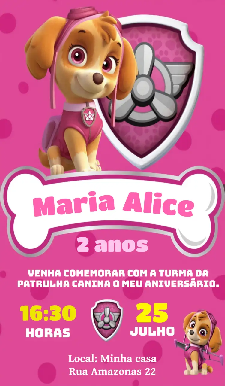 Convite Online Digital Patrulha Canina Skye Laranjado – tema Aniversário Infantil colorido, divertido, temática infantil, moderno, animado