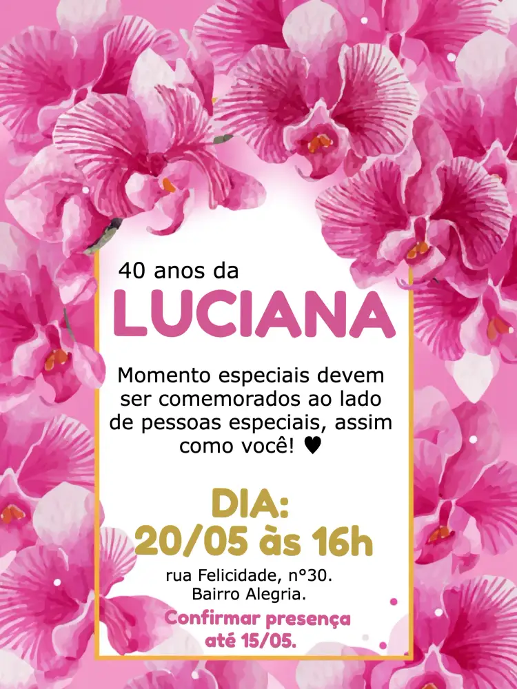 Convite Orquídea Floral – tema Aniversário floral, elegante, moderno, romântico, vibrante, colorido