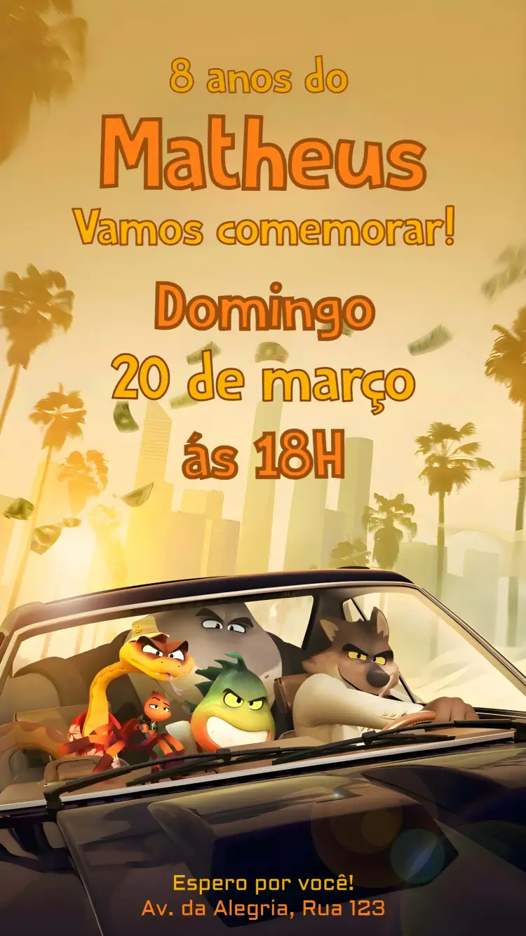 Convite Os Caras Malvados 2 – tema 15 anos animação, urbano, aventura