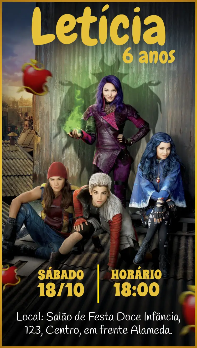Convite Os Descendentes Roxo – tema Aniversário Infantil roxo, amarelo, moderno, infantil, temático