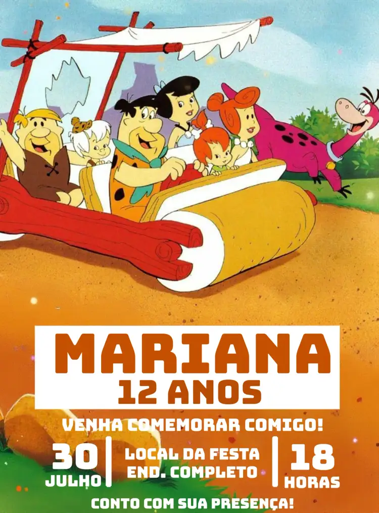 Convite Os Flinstones Wilma – tema Aniversário Infantil vintage, colorido, lúdico, temático, divertido, pré-histórico