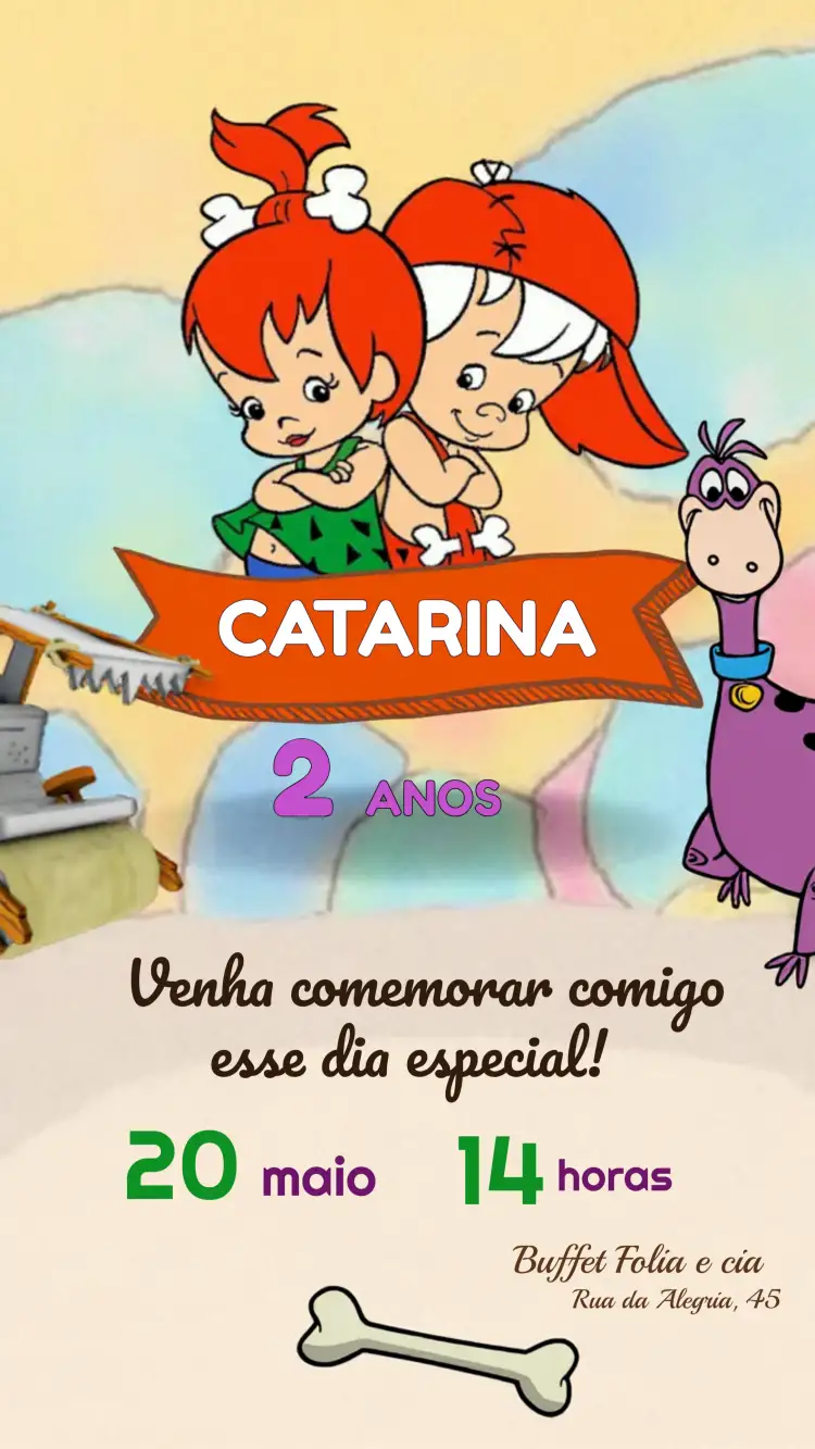Convite Os Flintstones Infantil – tema Aniversário Infantil colorido, divertido, temático, pré-histórico, brincalhão