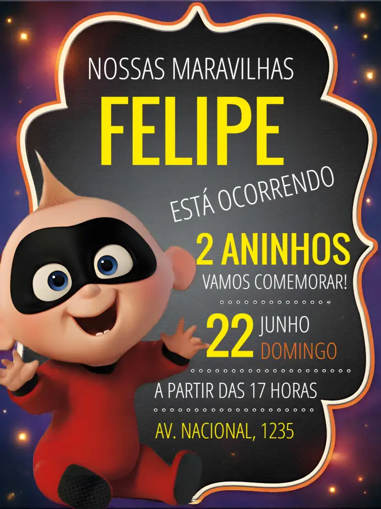 Convite Os Incríveis Laranja – tema Mais pesquisados vibrante, divertido, moderno, temático, colorido, infantil