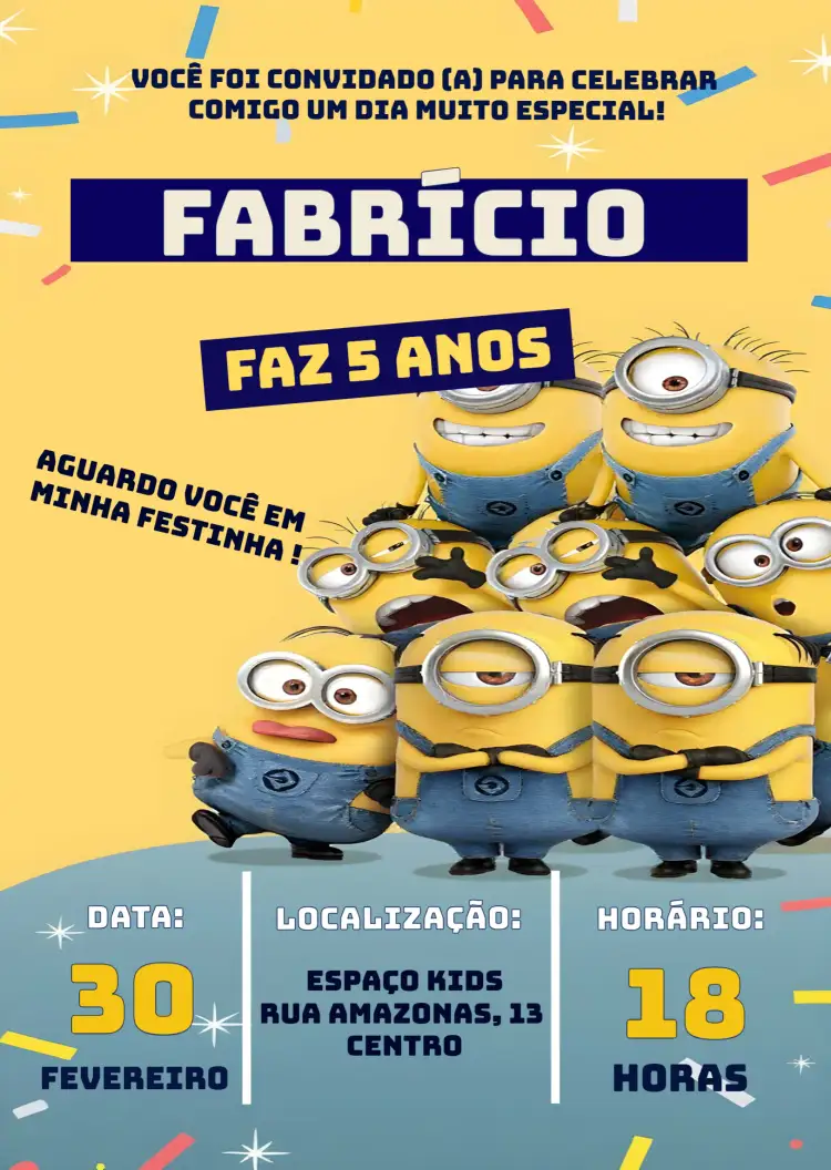 Convite Os Minions Meu Malvado Favorito Disney – tema Aniversário Infantil colorido, divertido, infantil, ilustração, temática, brincalhão