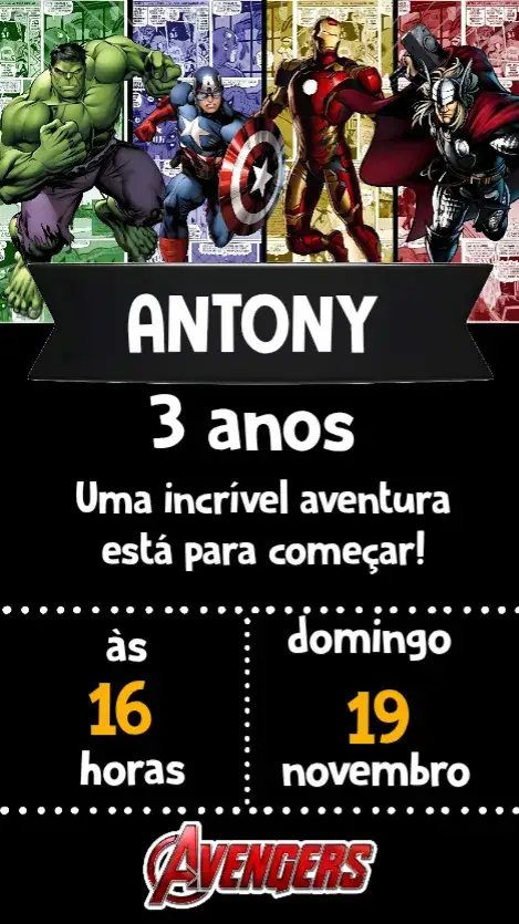Convite Os Vingadores – tema Aniversário Infantil colorido, moderno, super-heróis, quadrinhos, futurista