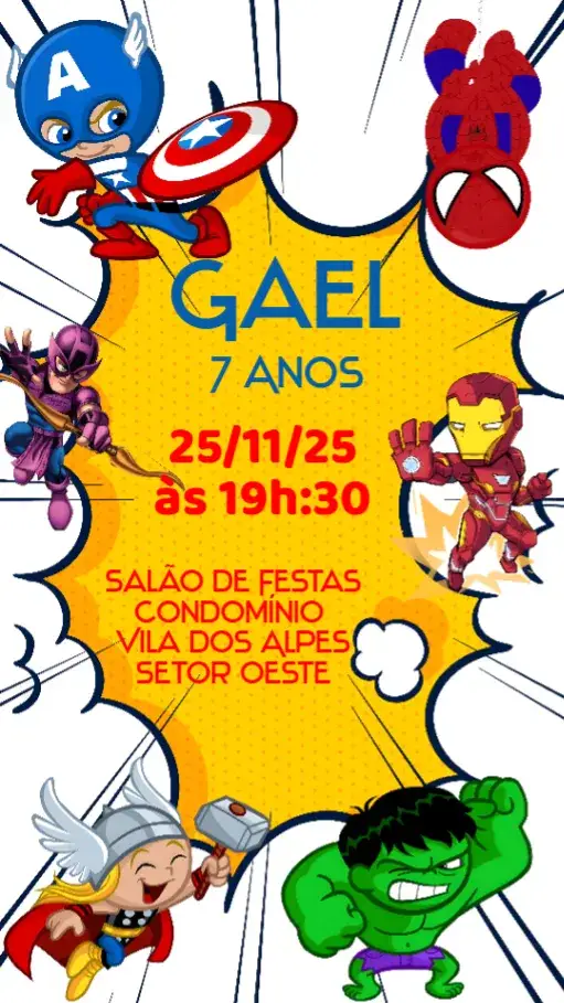 Convite Os Vingadores – tema Aniversário Infantil colorido, brilhante, moderno, temático, divertido