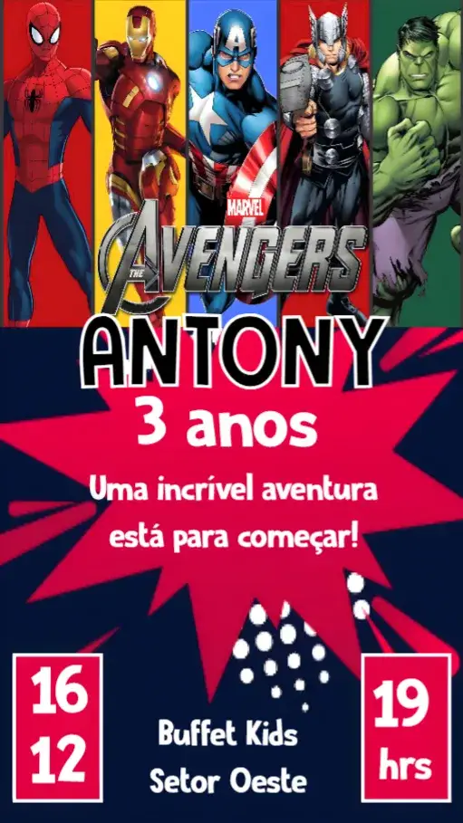 Convite Os Vingadores – tema 15 anos estilo moderno, cores vibrantes, elementos gráficos de heróis, design divertido, inspirado em filmes, visual dinâmico