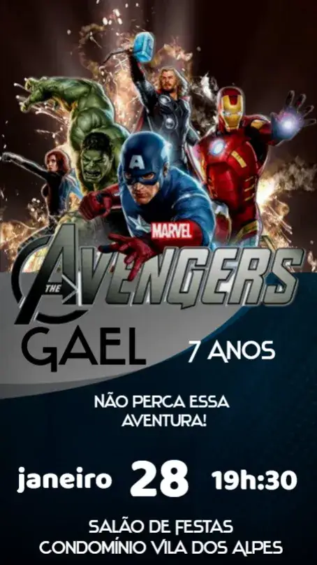 Convite Os Vingadores – tema Aniversário Infantil cores vibrantes, estilo moderno, elementos gráficos de heróis, design dinâmico, temática de ação, inspirado na Marvel