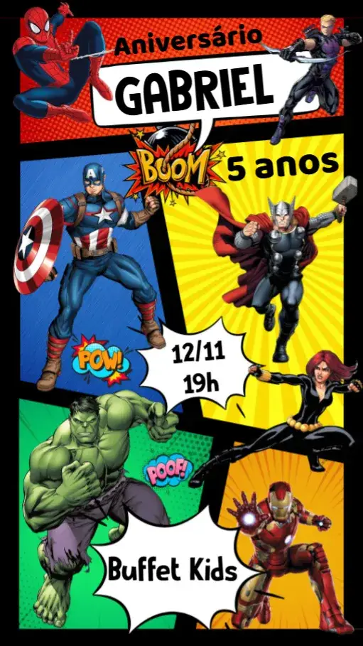 Convite Os Vingadores – tema Aniversário Infantil colorido, moderno, temático, jovial, dinâmico
