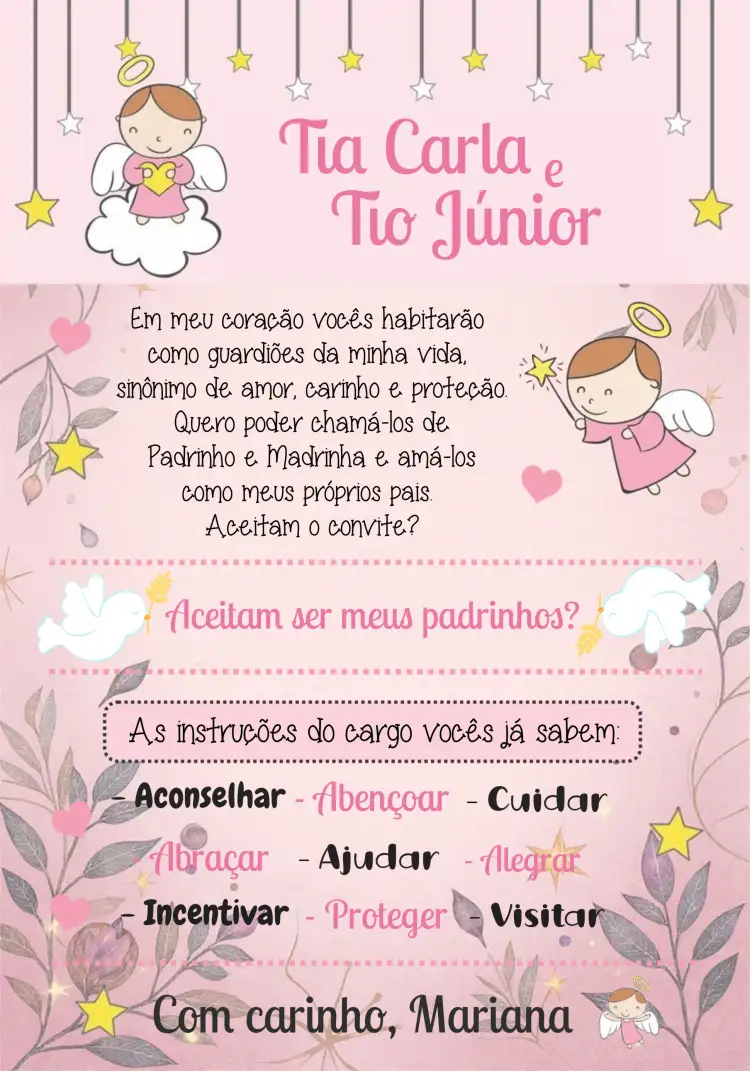 Convite Padrinhos Anjinha Rosa – tema Batizado rosa, branco, amarelo, anjinha, delicado, infantil