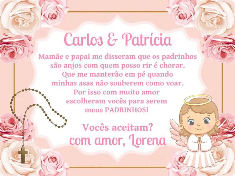 Convite Padrinhos De Batismo Anjinha Igreja – tema Batizado delicado, religioso, infantil, moderno, rosa e branco