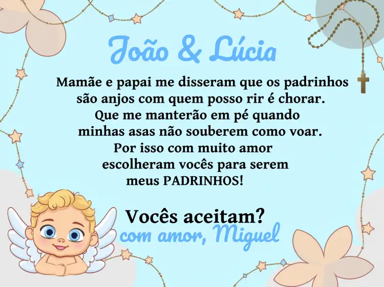 Convite Padrinhos De Batismo Anjinho Azul – tema Batizado anjinho, azul, branco, religioso, infantil, celestial