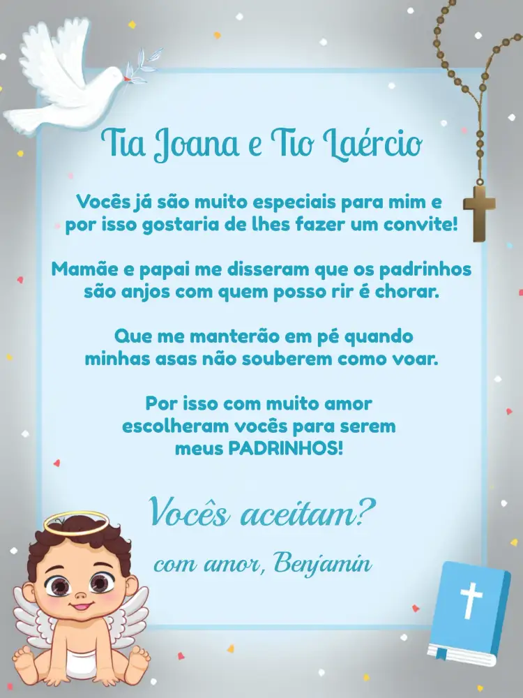 Convite Padrinhos De Batismo Anjinho Baby Ramos – tema Batizado azul e branco, anjinho, minimalista, infantil, religioso