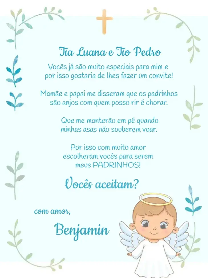 Convite Padrinhos De Batismo Anjinho Menino editável e personalizável
