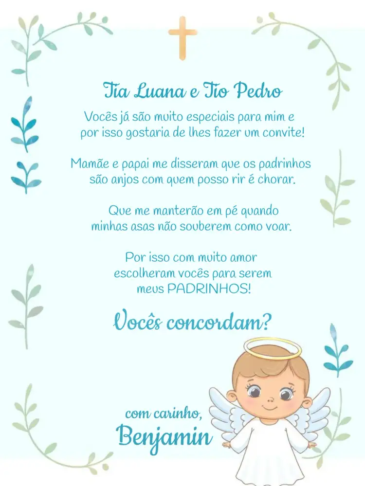 Convite Padrinhos De Batismo Anjinho Menino – tema Batizado azul, branco, anjinhos, moderno, religioso, delicado