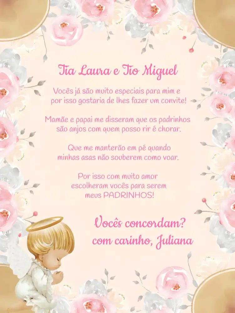 Convite Padrinhos De Batismo Anjinho Ramos editável e personalizável
