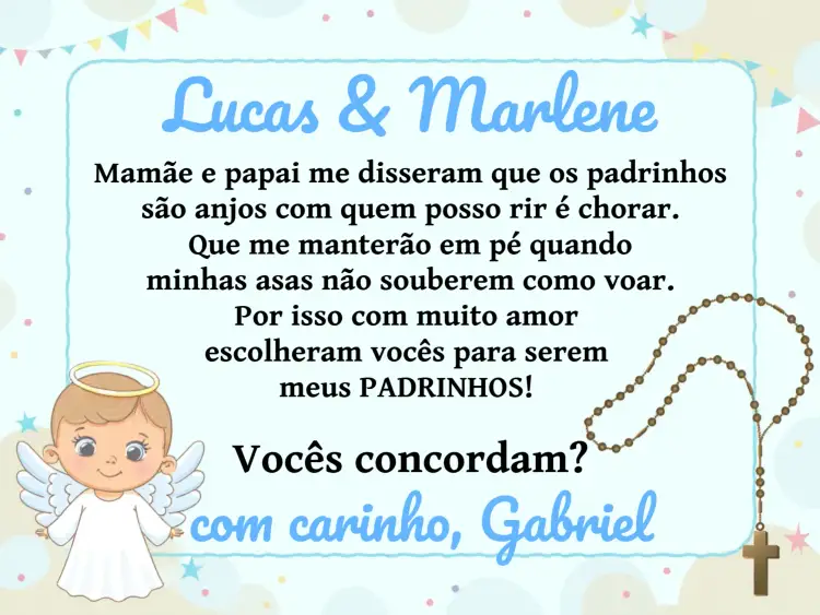 Convite Padrinhos De Batismo Anjinho Religião – tema Batizado anjinho, religioso, minimalista, azul, branco, divino