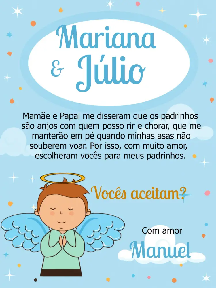 Convite Padrinhos De Batismo Azul – tema Batizado azul claro, dourado, branco, anjos, minimalista, religioso