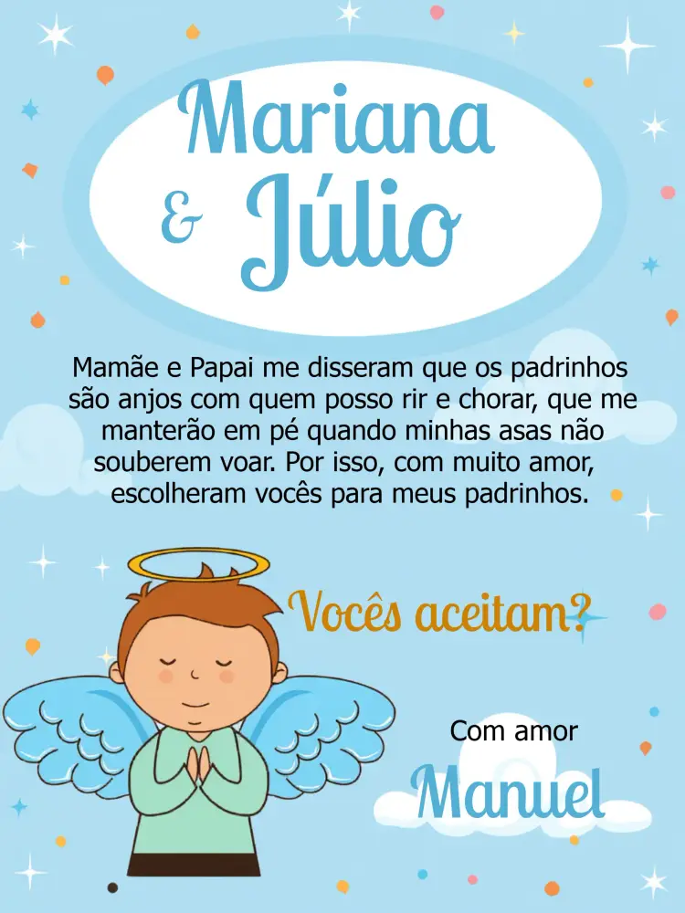 Convite Padrinhos De Batismo Azul