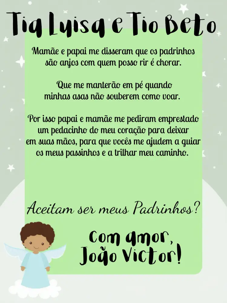 Convite Padrinhos De Batismo Branco – tema Batizado branco, delicado, anjinho, religioso, minimalista