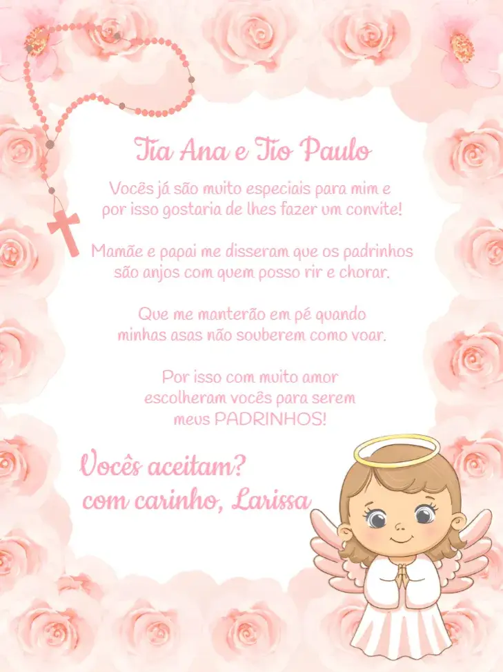 Convite Convite digital Padrinhos De Batismo rosa editável e personalizável