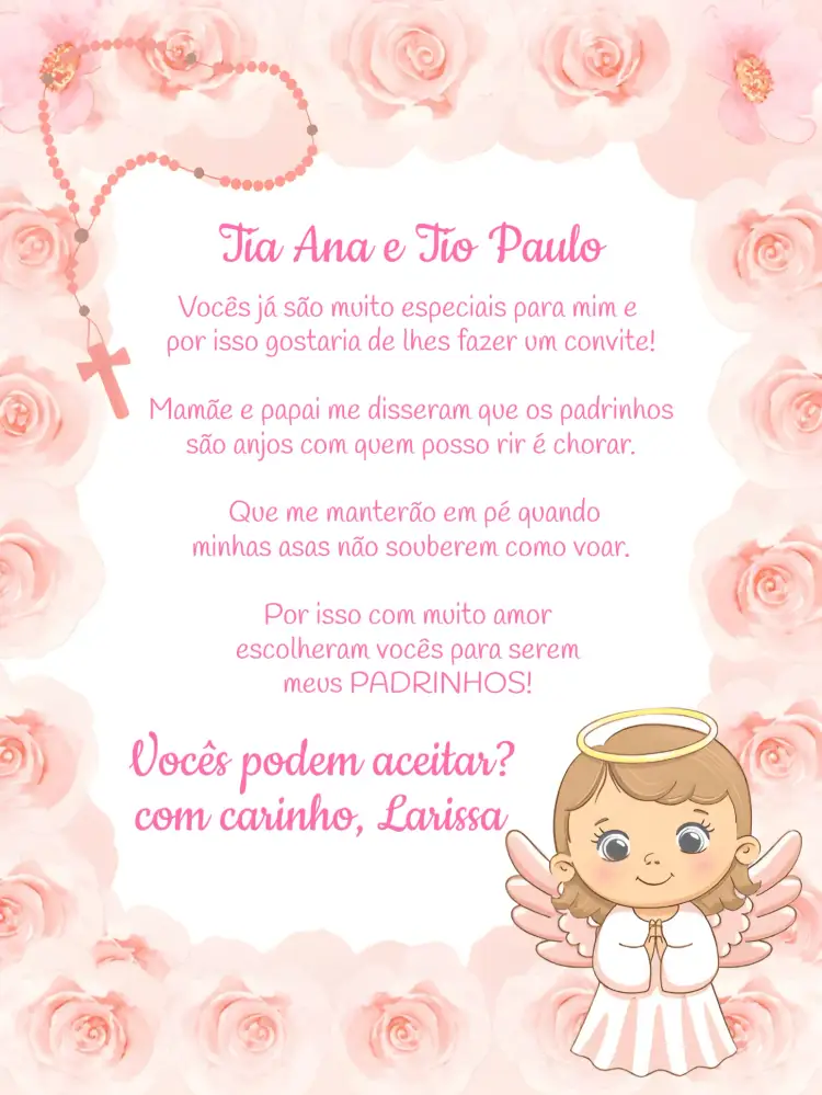 Convite Padrinhos De Batismo Branco – tema Batizado branco, rosa, anjinhos, delicado, religioso, moderno