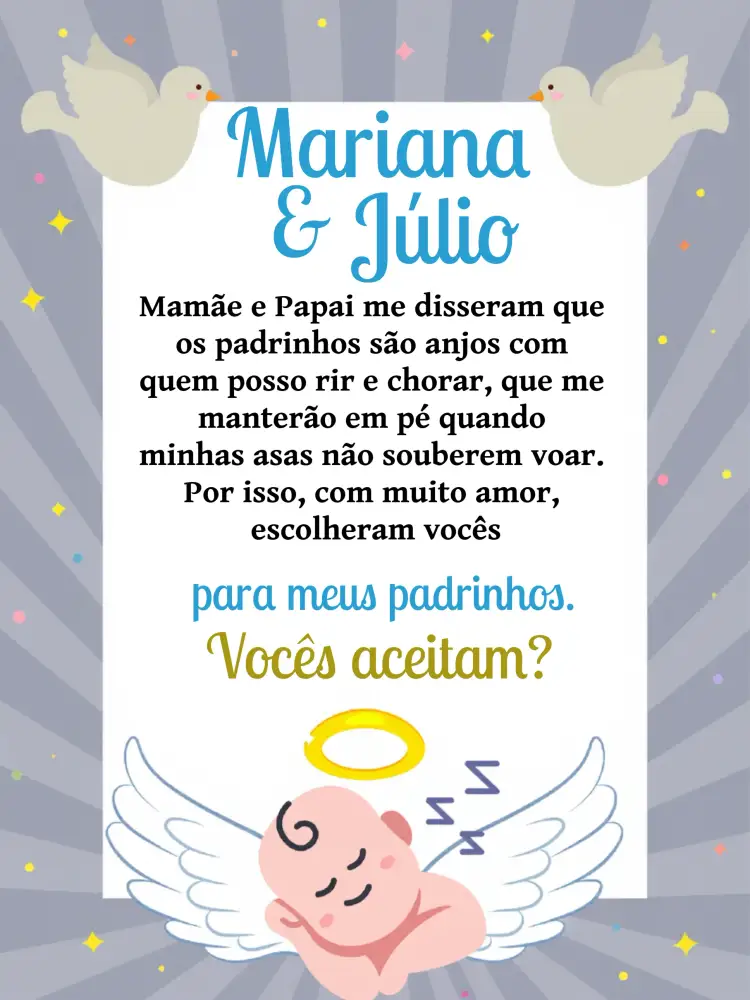Convite Padrinhos De Batismo Branco – tema Batizado branco, dourado, religioso, anjos, minimalista, elegante
