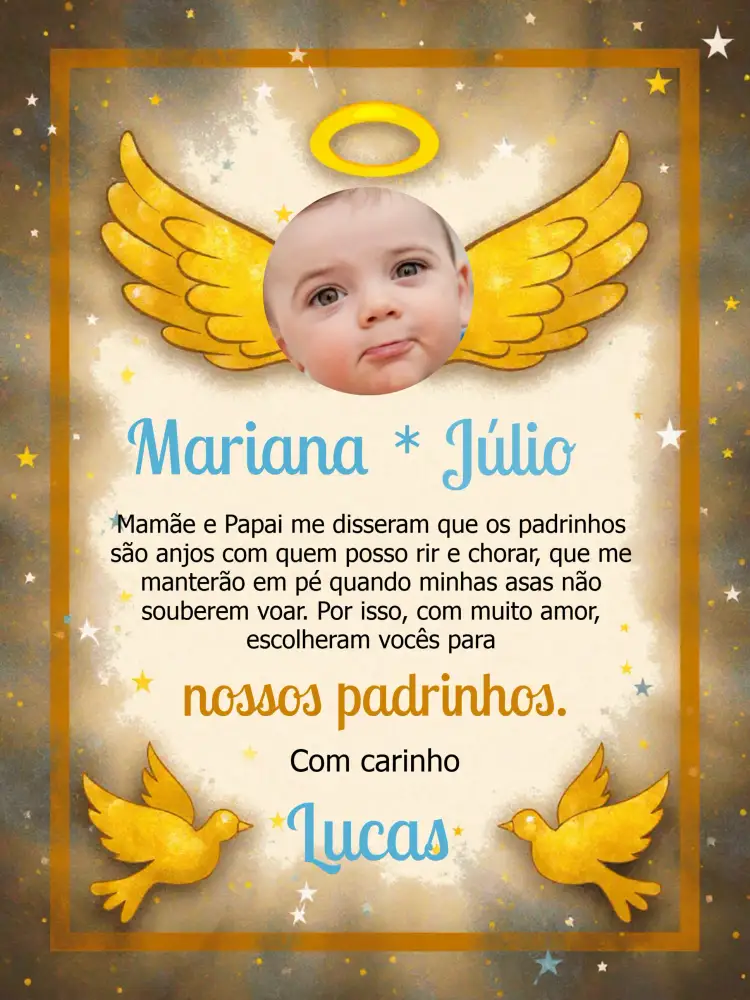 Convite Padrinhos De Batismo Com Foto Anjinho – tema Batizado dourado, azul, branco, anjinho, religioso, minimalista