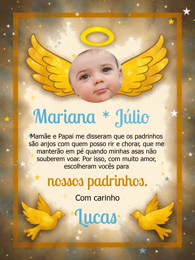 Convite Padrinhos De Batismo Com Foto Anjinho