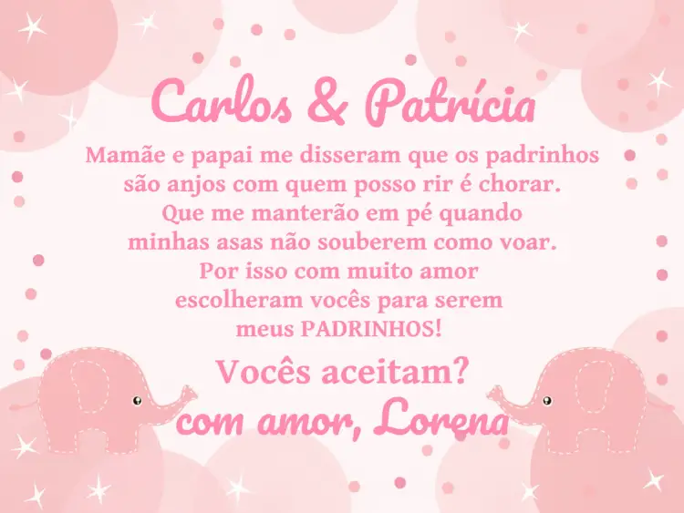 Convite Padrinhos De Batismo Elefantinha Elefante – tema Batizado fofo, colorido, infantil, animais, religioso, celebração