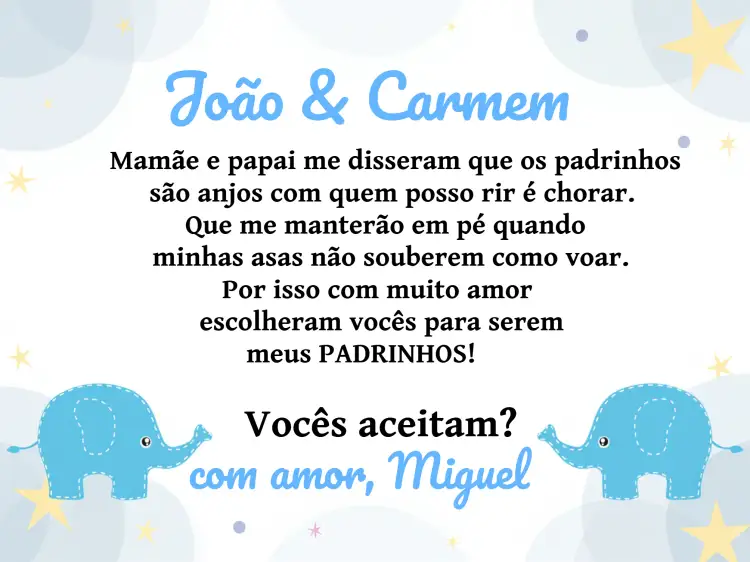 Convite Padrinhos De Batismo Elefantinho Menino – tema Batizado fofo, infantil, azul, branco, animais, moderno