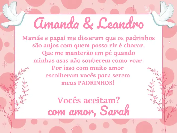 Convite Padrinhos De Batismo Igreja – tema Batizado rosa, branco, anjinhos, religioso, delicado, infantil