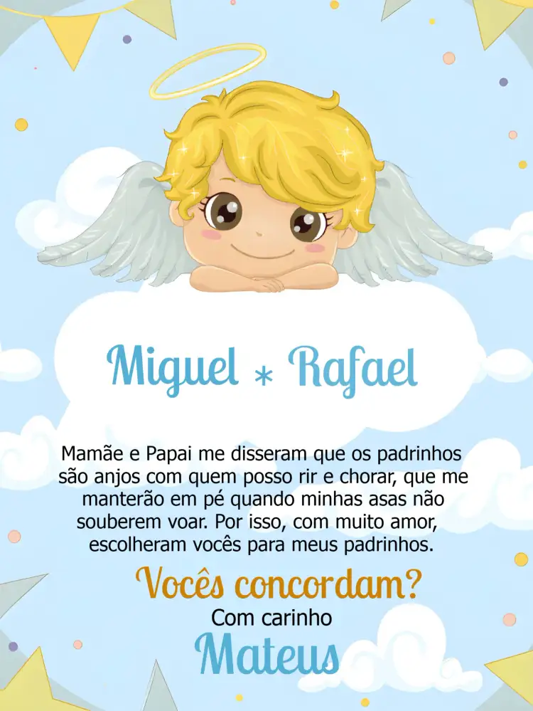 Convite Padrinhos De Batismo Menino – tema Batizado dourado, azul, religioso, elegante, infantil, delicado