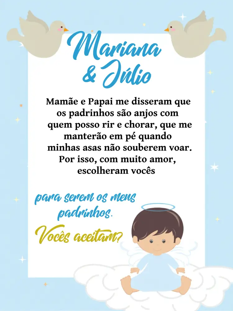 Convite Padrinhos De Batismo Religião – tema Batizado azul, branco, dourado, religioso, angélico, infantil