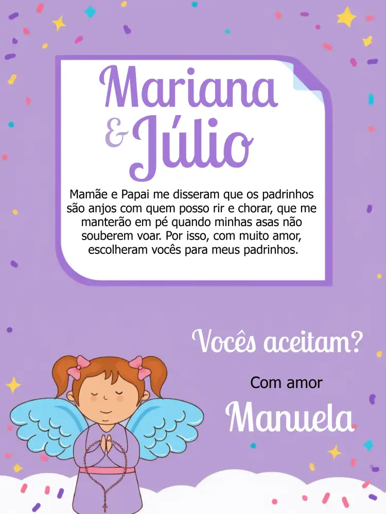 Convite Padrinhos De Batismo Religião – tema Batizado roxo, lilás, anjinhos, religioso, delicado, infantil