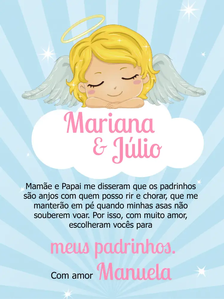 Convite Padrinhos De Batismo Religião – tema Batizado delicado, infantil, religioso, pastel, anjinhos, flores