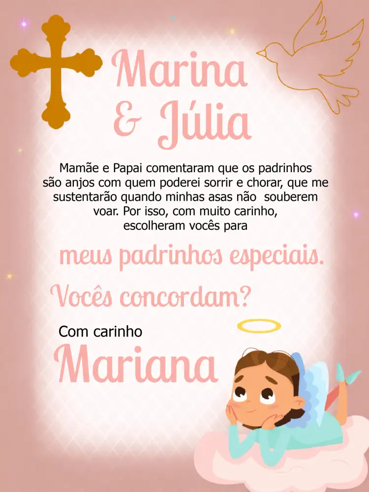 Convite Padrinhos De Batismo Rosa – tema Batizado rosa, branco, anjinhos, religioso, delicado, feminino