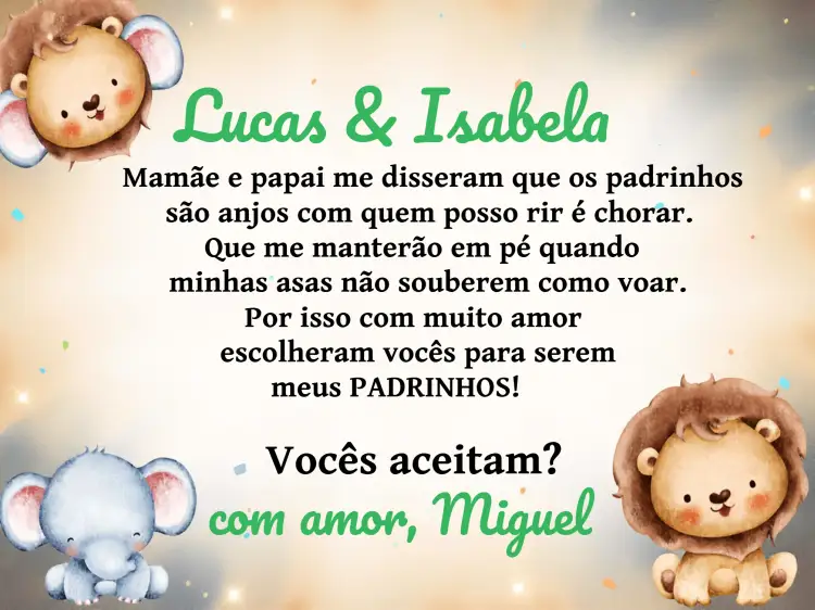 Convite Padrinhos De Batismo Safari Anjinha – tema Batizado safari, animais, azul e branco, divertido, infantil, anjinhos