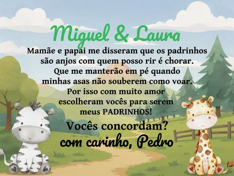 Convite Padrinhos De Batismo Safari Branco – tema Batizado safari, branco e azul, ilustrações infantis, religioso, moderno, divertido