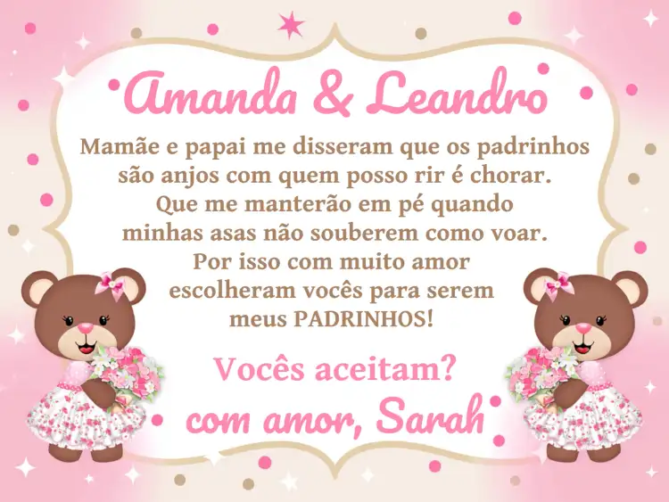 Convite Padrinhos De Batismo Ursinha Anjinha – tema Batizado delicado, infantil, religioso, rosa e marrom, fofo, anjinhos