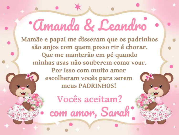 Convite Padrinhos De Batismo Ursinha Anjinha