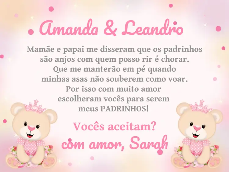 Convite Padrinhos De Batismo Ursinha Príncesa Batizado – tema Batizado rosa, branco, infantil, lúdico, delicado, religioso